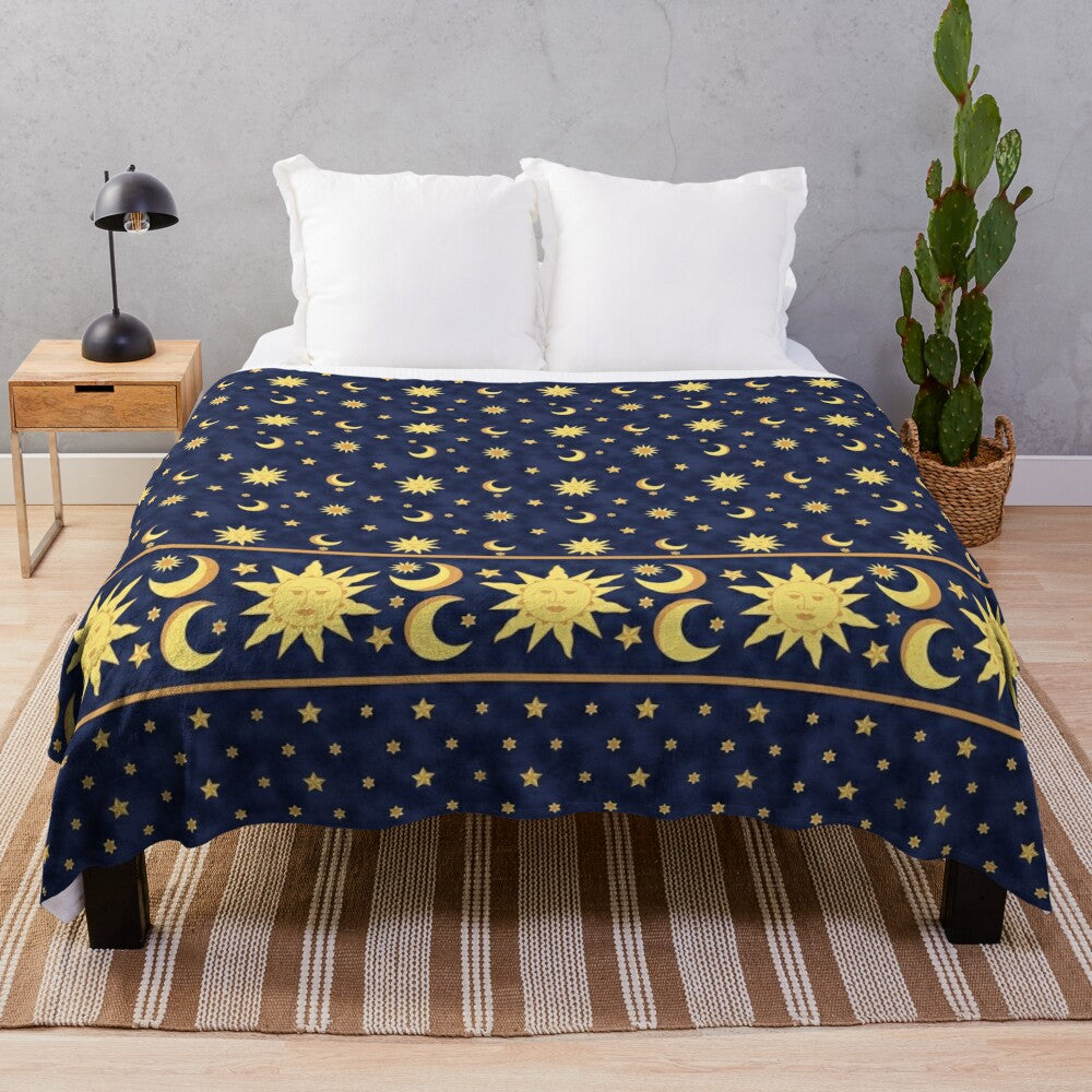 Vintage-inspired celestial plush blanket with moon, stars, and 90s-style pattern