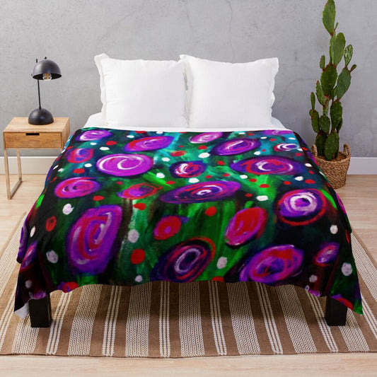 Colorful and whimsical spring floral plush blanket with peacock feather and abstract art motifs