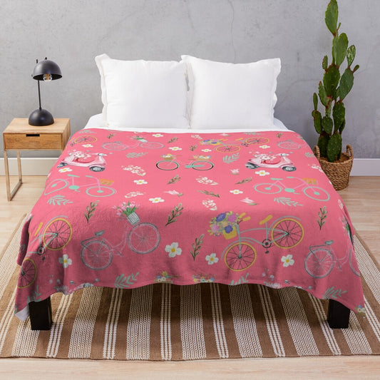 Colorful spring flowers and biking design on a plush blanket