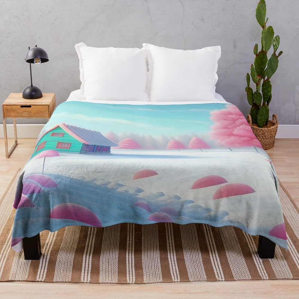 Whimsical plush blanket featuring a colorful candyland-inspired winter landscape illustration