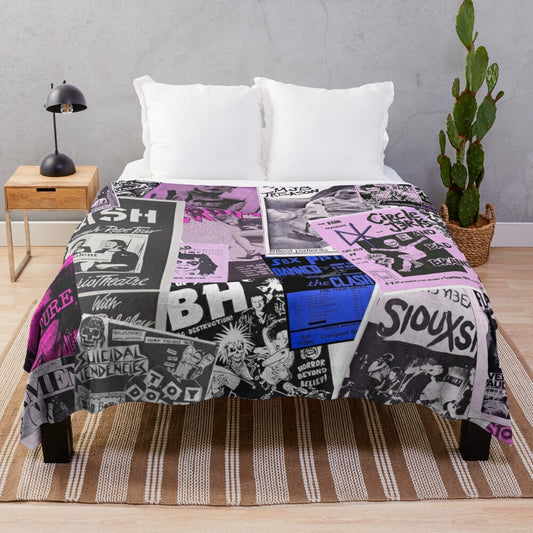 Punk rock-inspired plush blanket with a collage of vintage punk flyers and band imagery