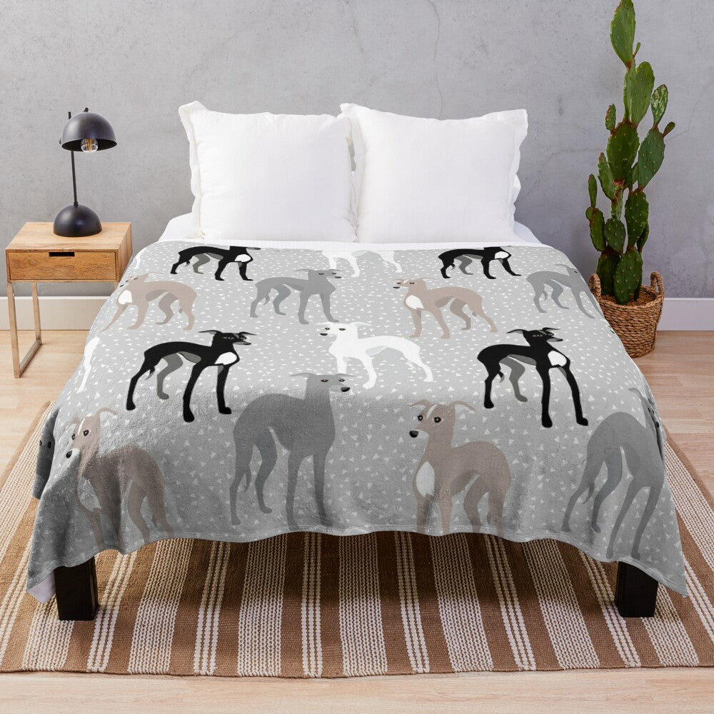 Whippets or Italian Greyhounds plush blanket with a retro, elegant, and cute dog pattern