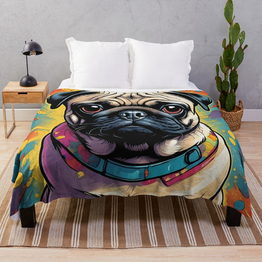 Cozy pug plush blanket with comic book-style design for dog lovers