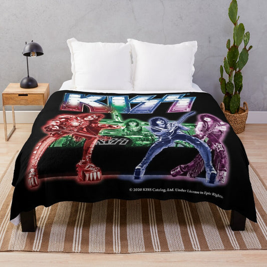 KISS band inspired plush blanket with the iconic KISS band members