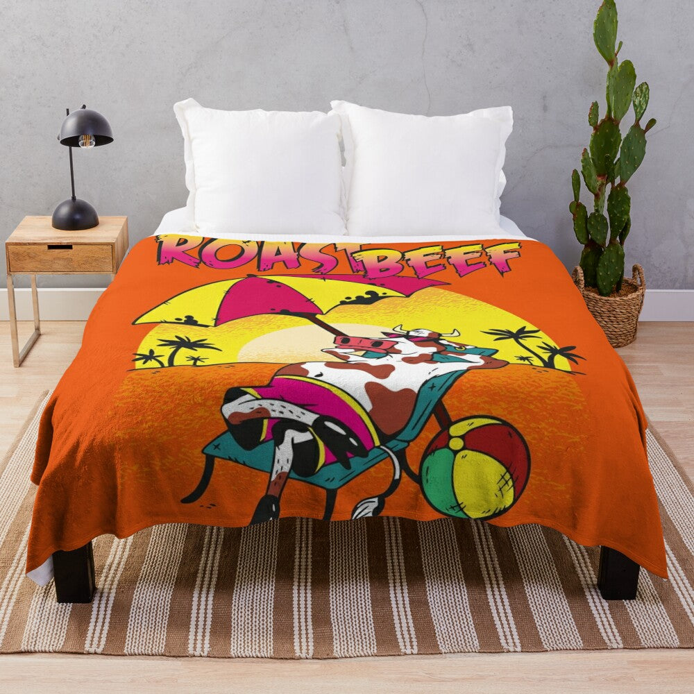 Colorful plush blanket with a retro cow design