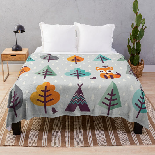 Gray plush blanket with a cute cartoon fox in the forest design