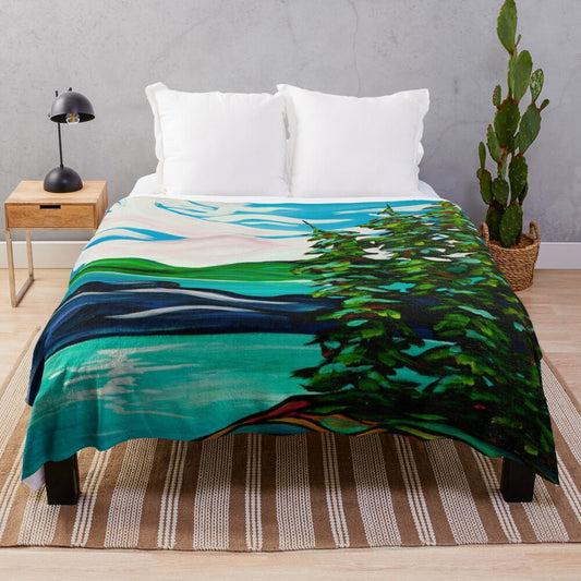 Island Breeze Abstract Plush Blanket with Evergreen Trees and Seascape