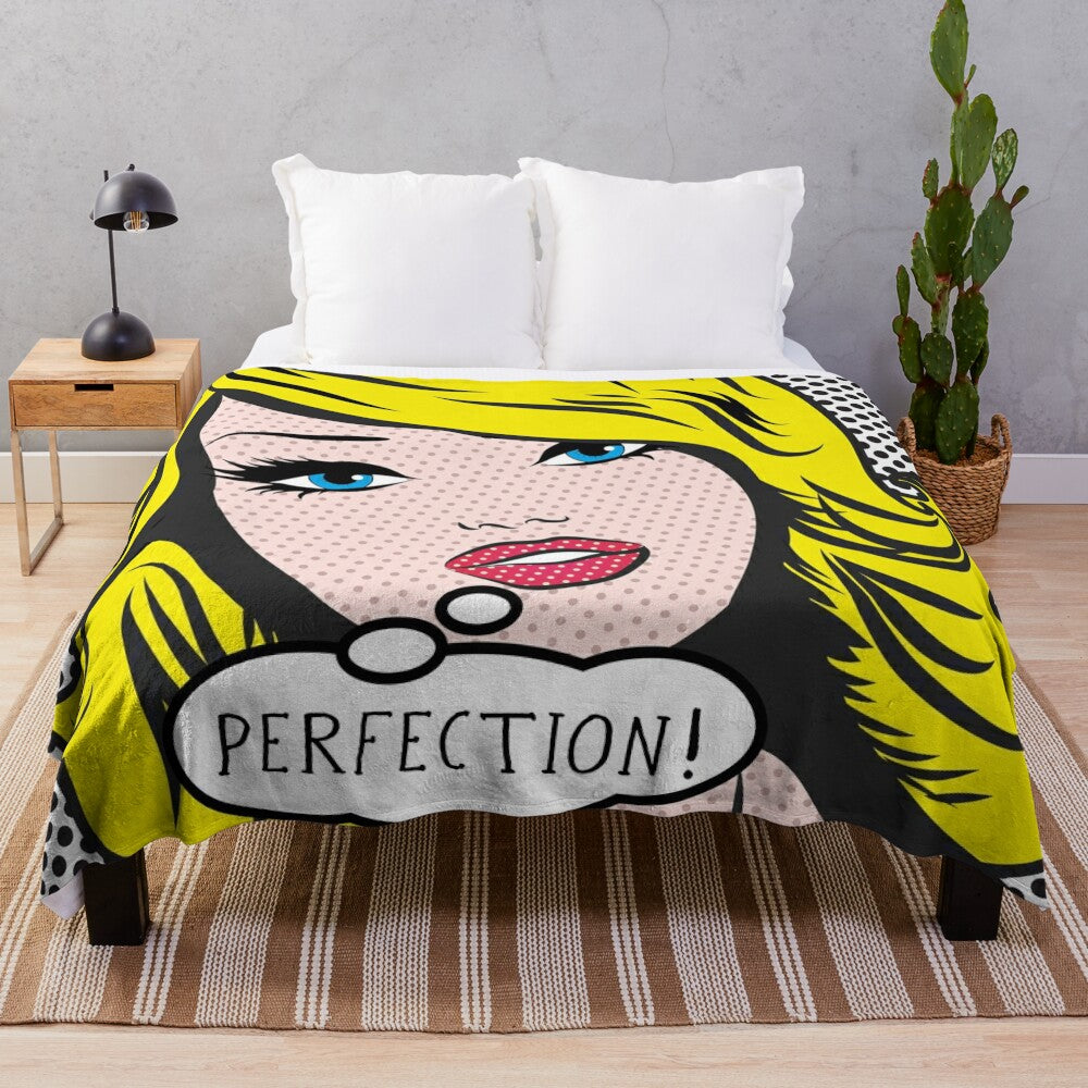 Colorful pop art inspired plush blanket with retro girl design