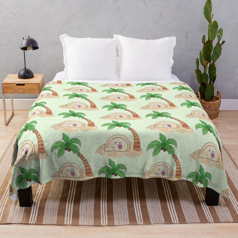 Watercolor plush blanket featuring a whimsical scene of pierogi, ice cream, and a palm tree on a deserted island