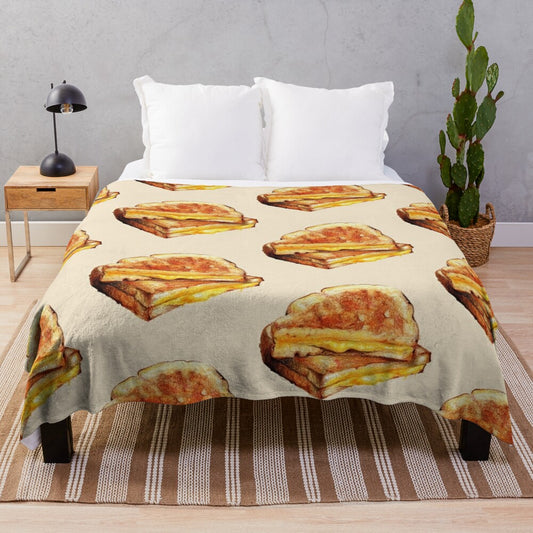 Grilled cheese sandwich plush blanket with a whimsical, hand-drawn design