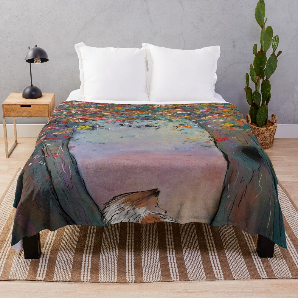 Whimsical fox plush blanket with a watercolor-style design