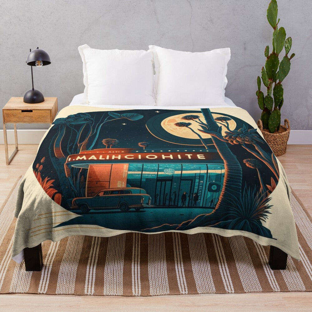 Vintage-inspired plush blanket with detailed line art illustration of the iconic Arclight Cinema in Los Angeles