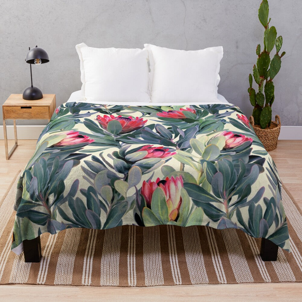 Protea pattern plush blanket with botanical floral design