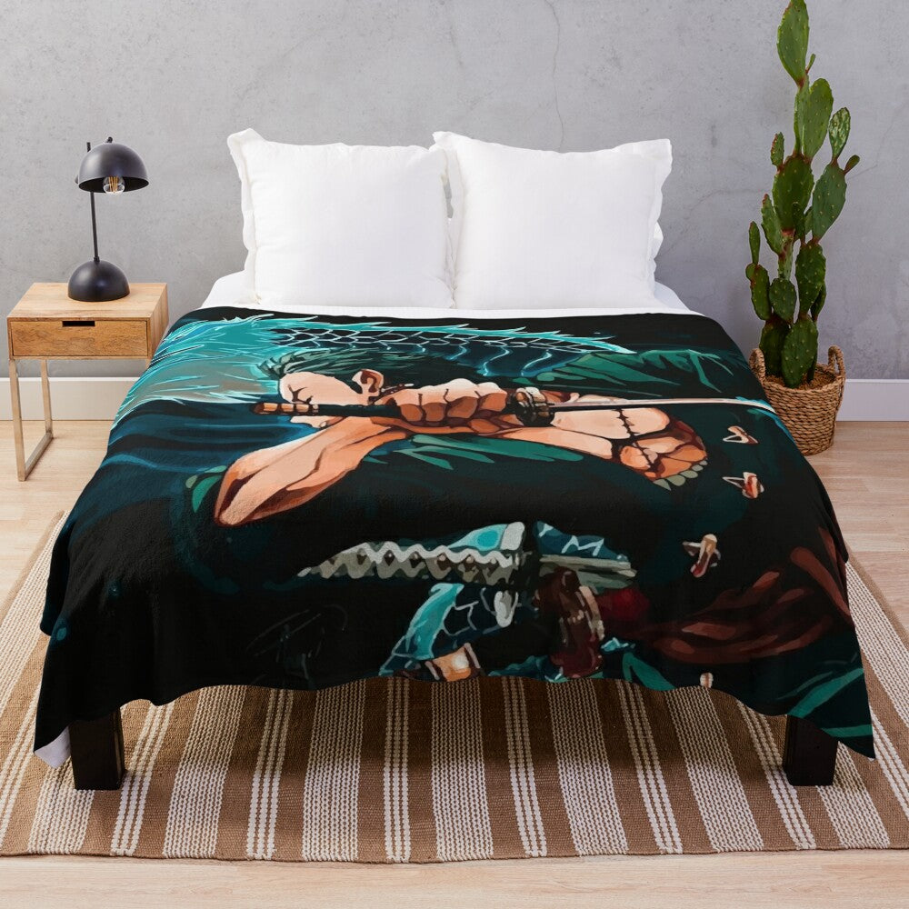 Zoro-inspired plush blanket with anime graphic design