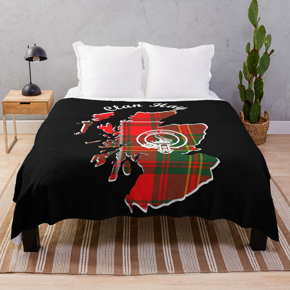 Cozy tartan plush blanket featuring the Clan Hay Scotland map crest