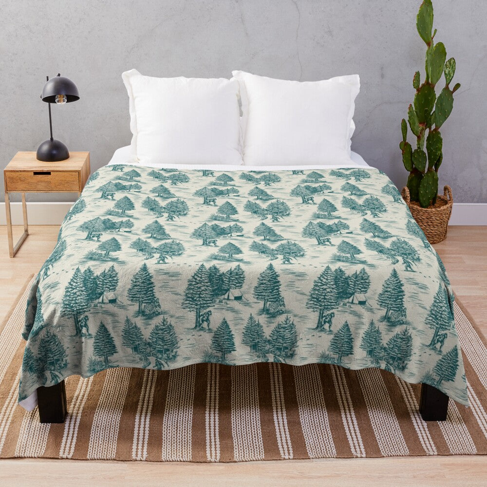 Teal plush blanket with Bigfoot / Sasquatch Toile de Jouy design