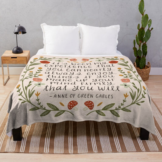 Floral plush blanket with "Enjoy Things" quote from Anne of Green Gables