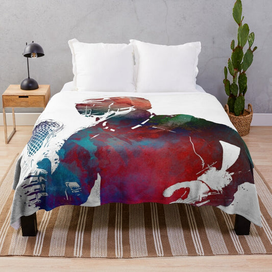 Watercolor lacrosse player illustration on a plush blanket