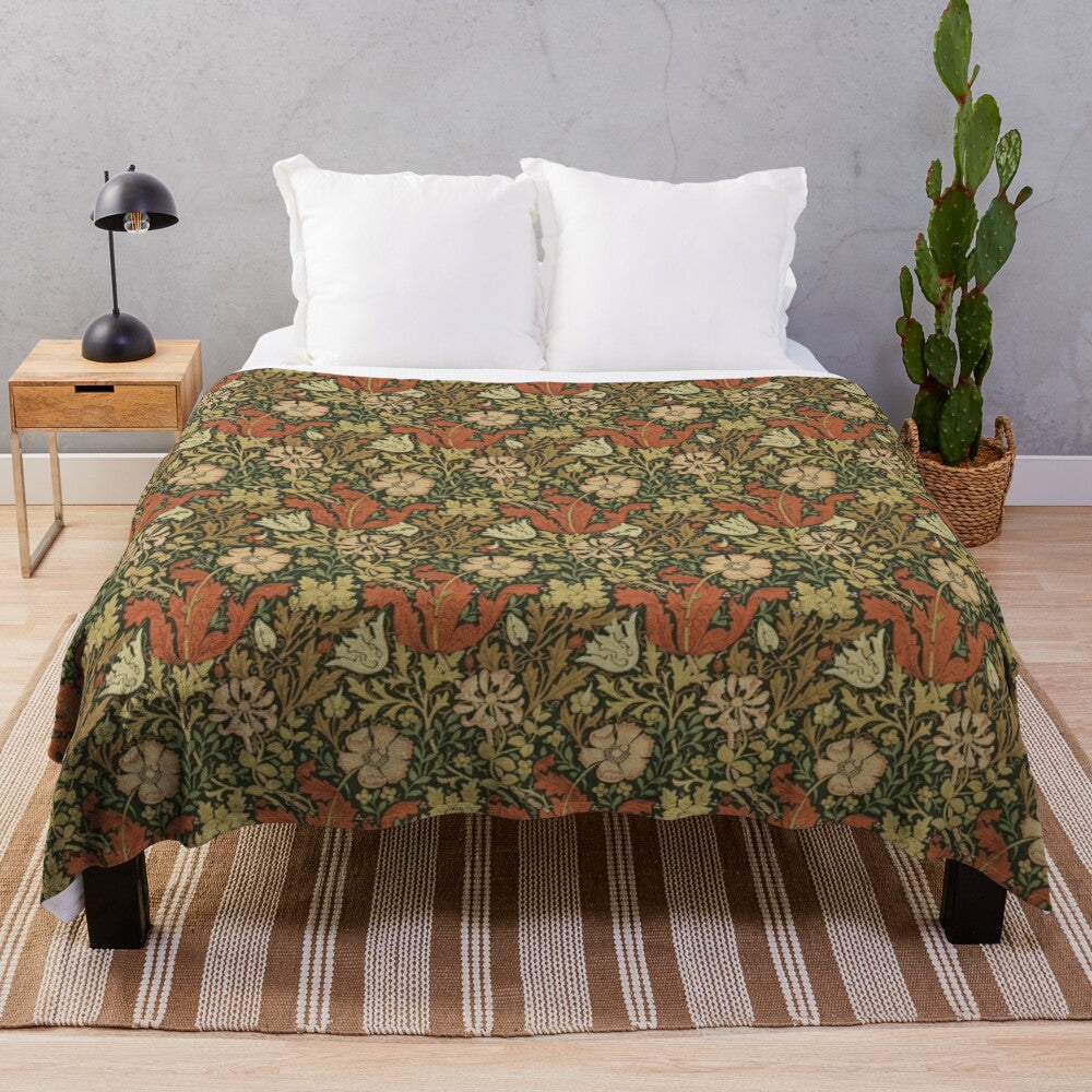 Vintage William Morris inspired plush blanket with honeysuckle floral design