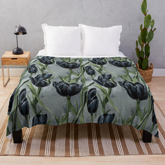 Black tulips floral pattern plush blanket