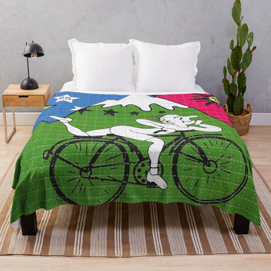 Colorful plush blanket featuring LSD, Albert Hofmann, and Bicycle Day inspired design