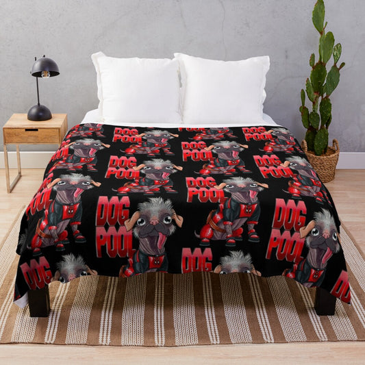 Vintage-style plush blanket featuring cartoon dog superhero design