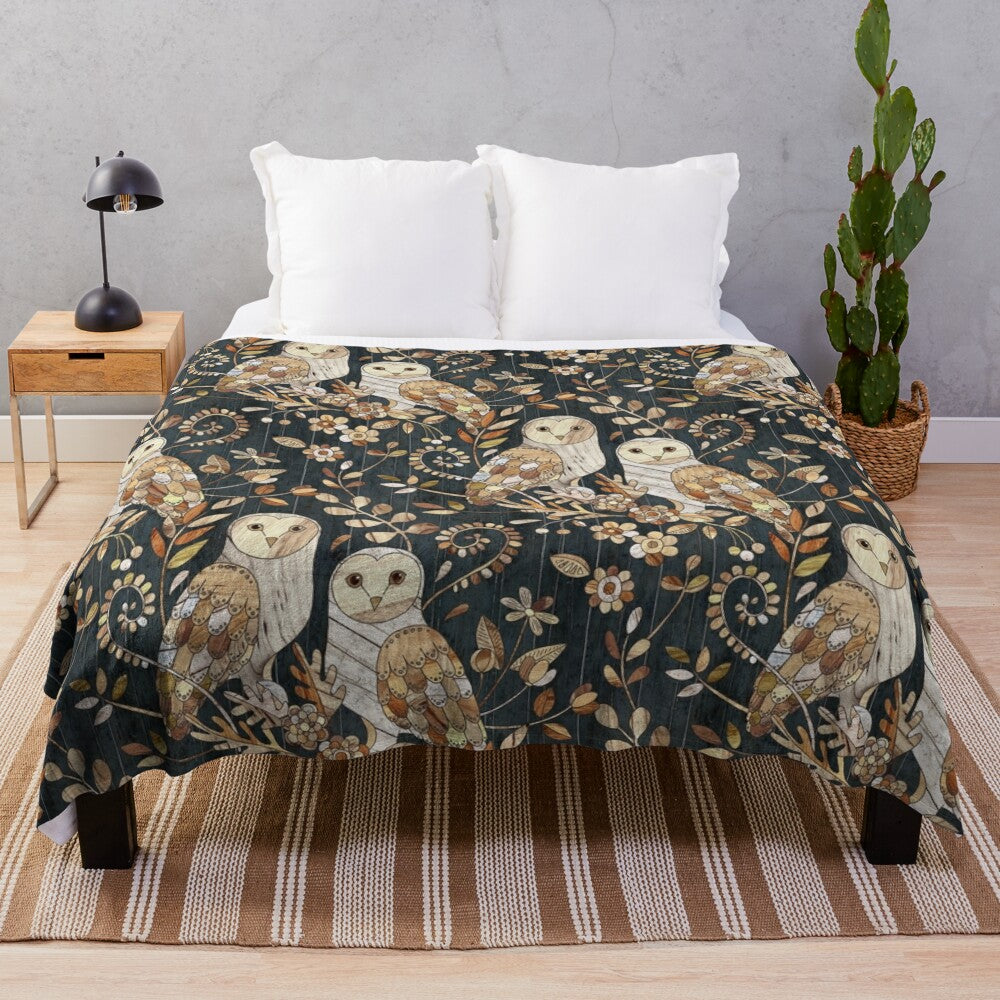 Wooden Barn Owl Collage Plush Blanket with Nature-Inspired Design