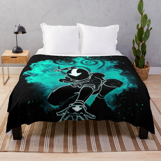 Colorful plush blanket with airbender silhouette design