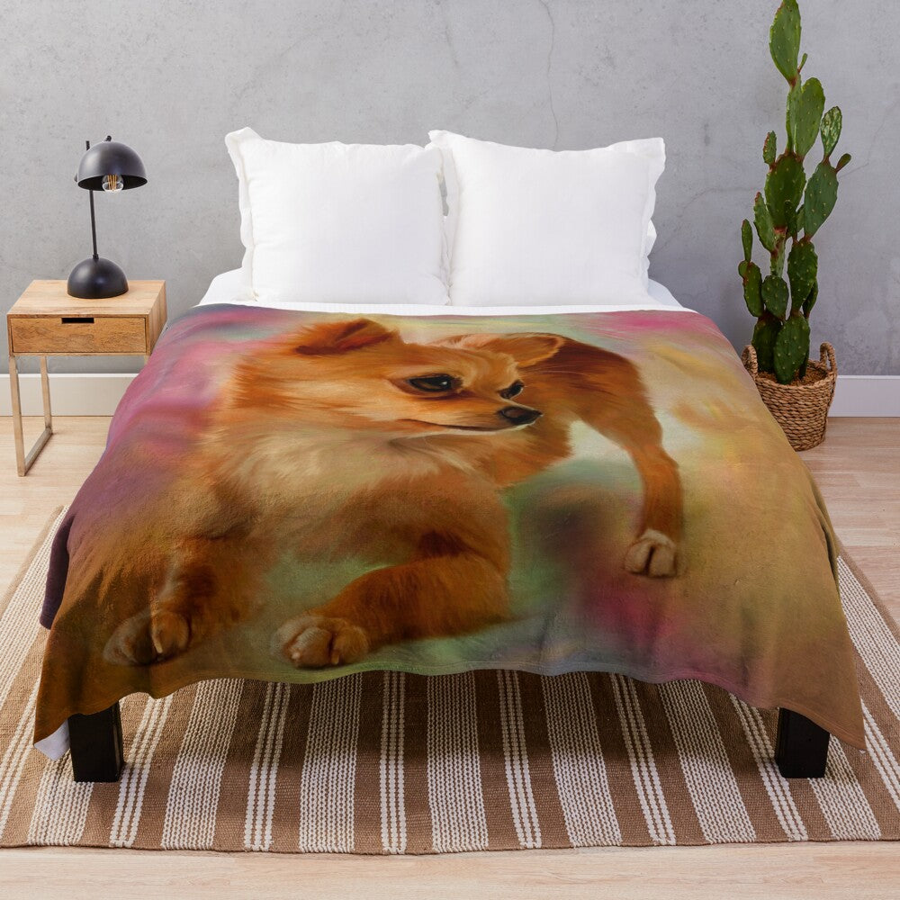 Cute chihuahua mixed media plush blanket with watercolor and pastel elements