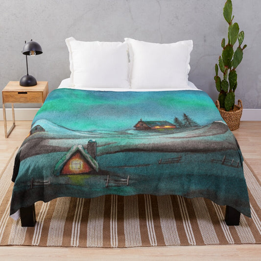 Cozy plush blanket featuring a watercolor winter landscape with northern lights