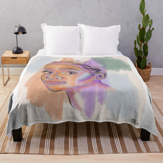 Watercolor portrait plush blanket with abstract patterns for home decor