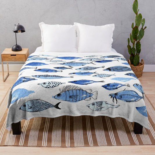 Watercolor blue fish plush blanket