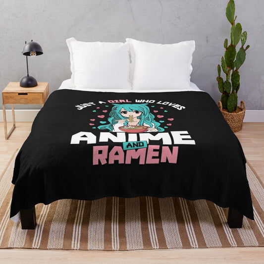 Anime and Ramen Lover Plush Blanket with Kawaii Cat Ears