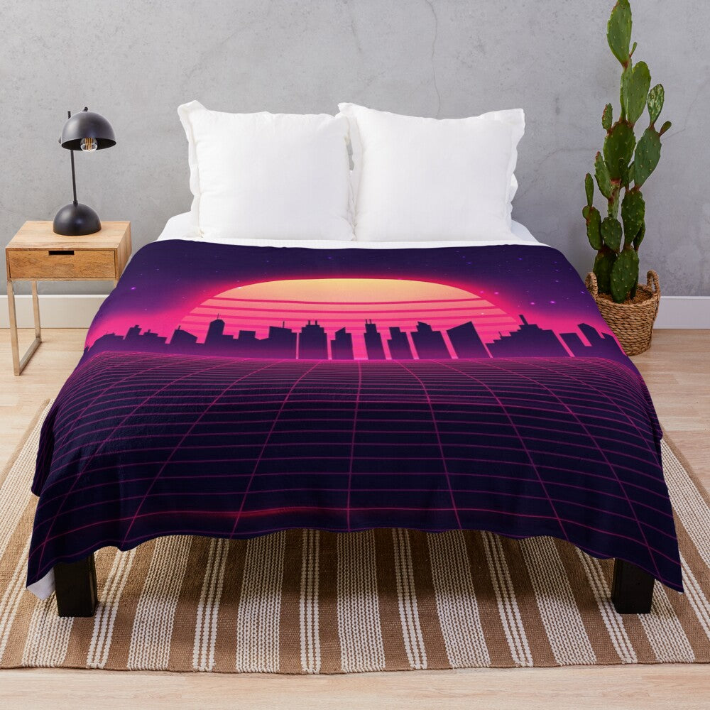 Retro Vaporwave Plush Blanket featuring a detailed cityscape