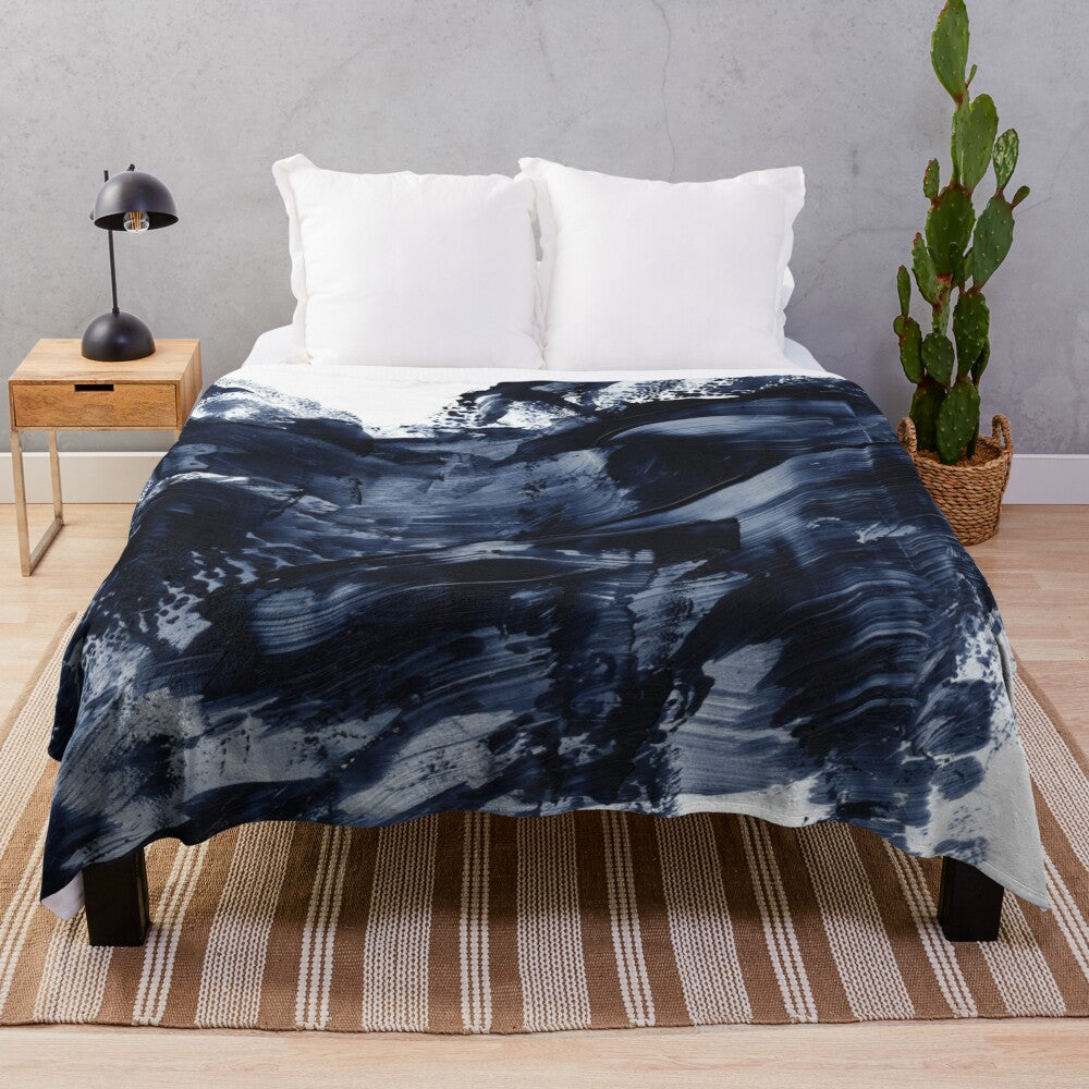 Navy gray abstract painting plush blanket