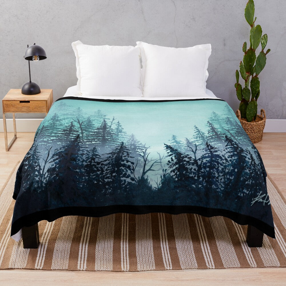 Turquoise pine forest oil painting plush blanket