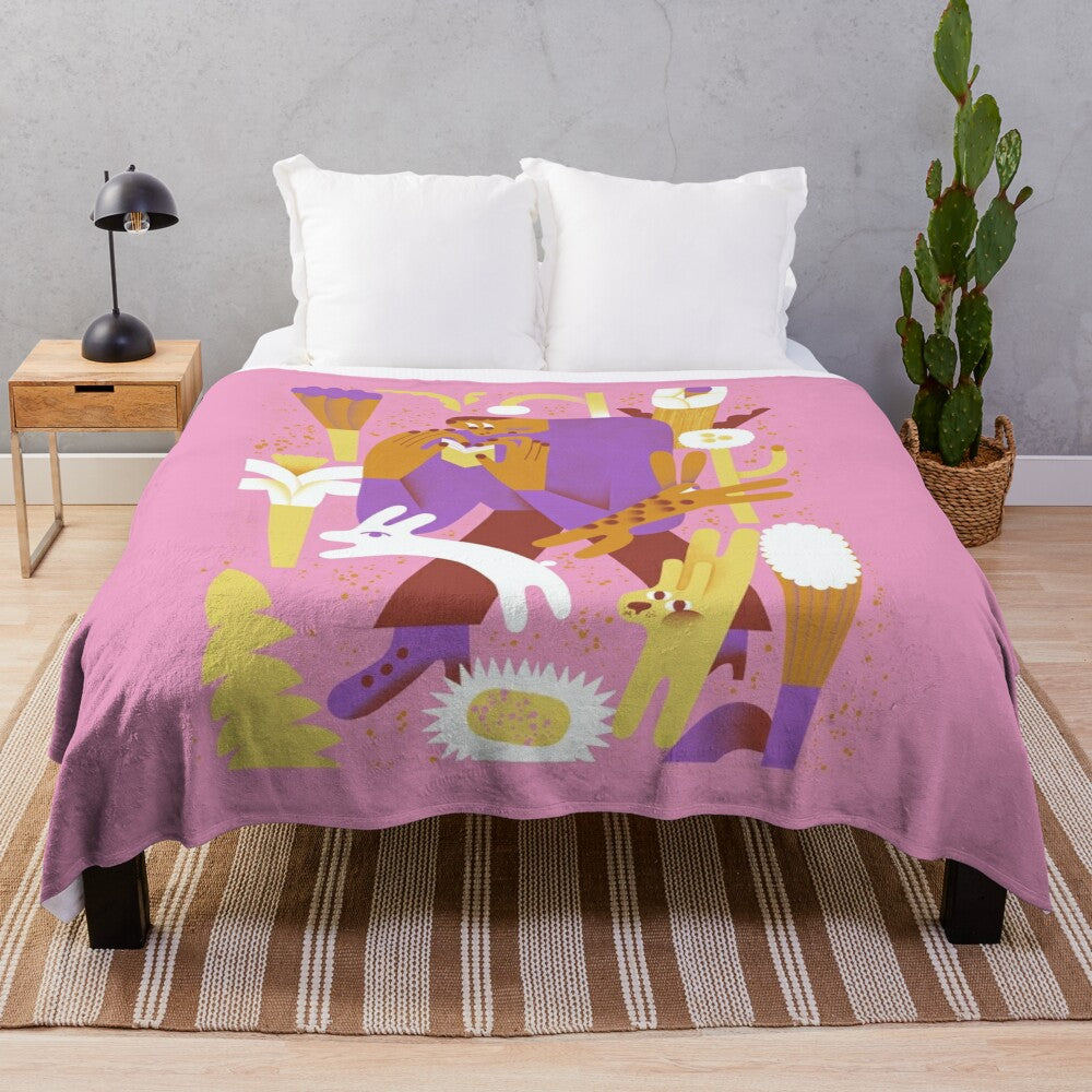 Soft, plush blanket with a vibrant floral graphic design featuring a rabbit