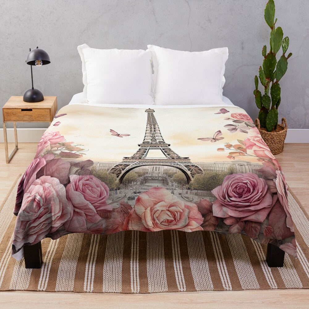 Vintage-inspired plush blanket with Eiffel Tower and pink roses design