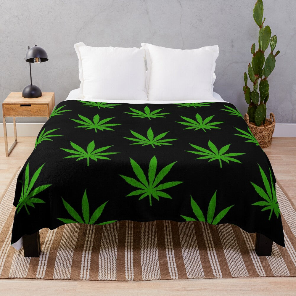 Soft and comfortable plush blanket with marijuana leaf design