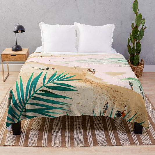 Plush blanket with a scenic tropical beach design featuring ocean, palms, and sand