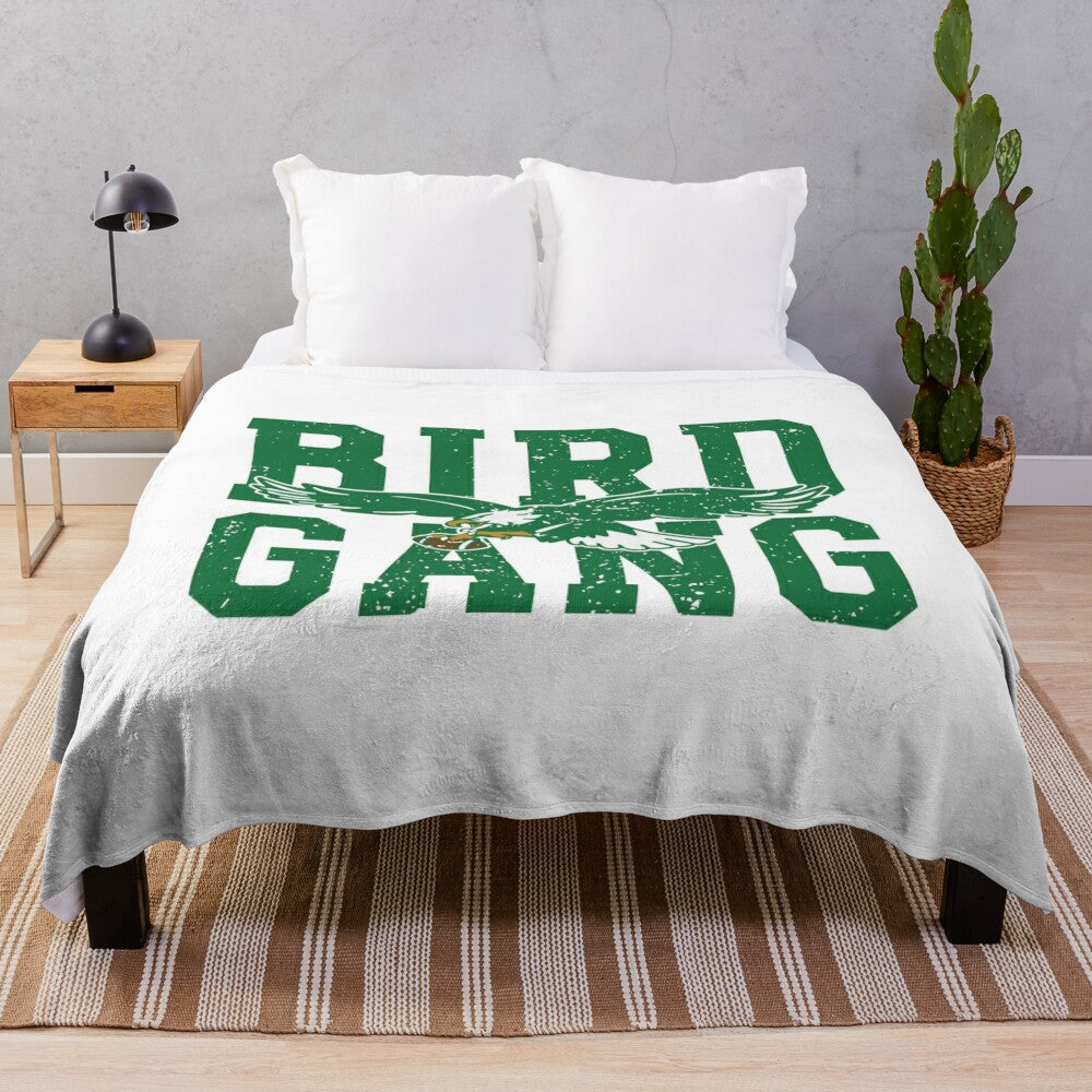 Vintage-inspired sports plush blanket featuring a bird gang motif