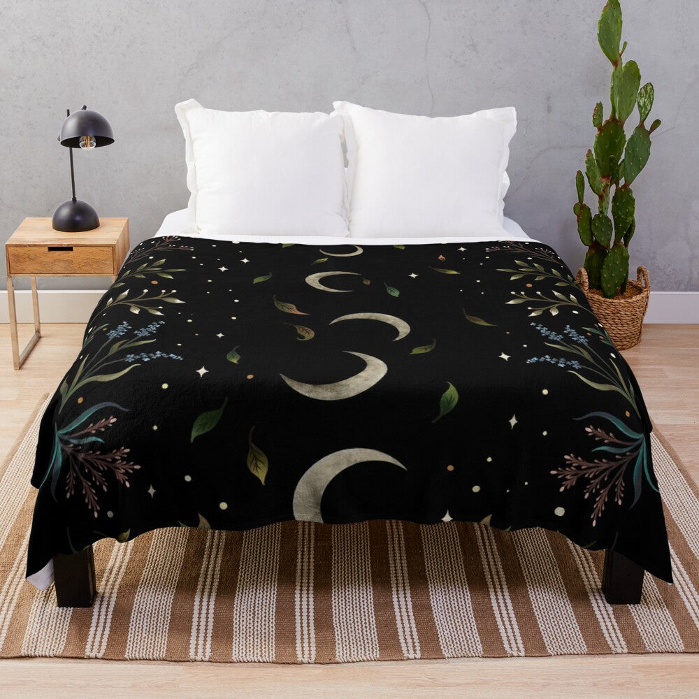 Crescent moon plush blanket with botanical floral design