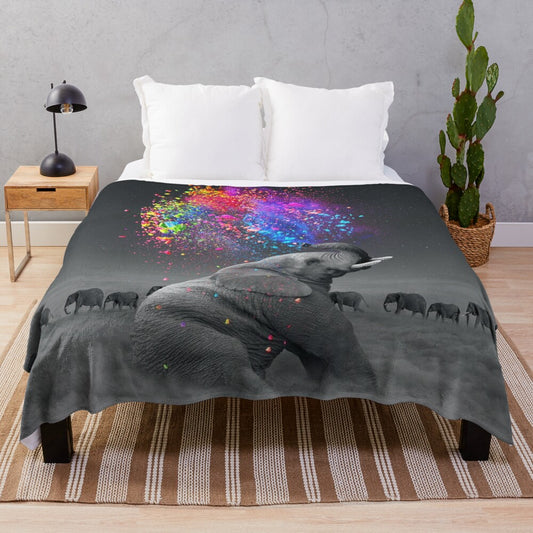 Vibrant plush blanket featuring a surreal rainbow elephant design