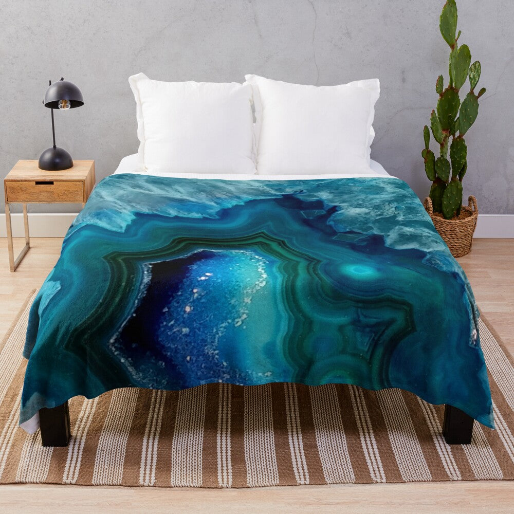 Teal blue agate plush blanket with a beautiful shimmering, sparkling, and glittering texture