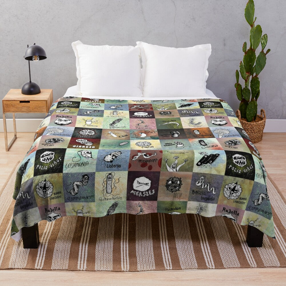 Cartoon pathogen portraits plush blanket with various microbes