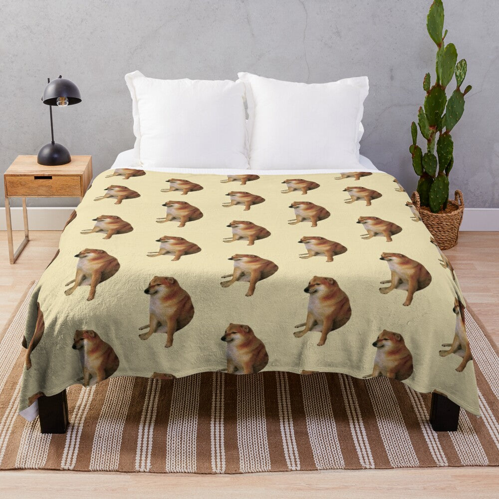 Cheems Doge inspired plush blanket with a cute and funny meme design