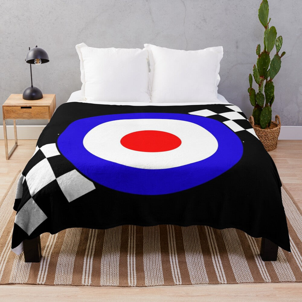 Retro checkered plush blanket with patriotic red, white, and blue accents