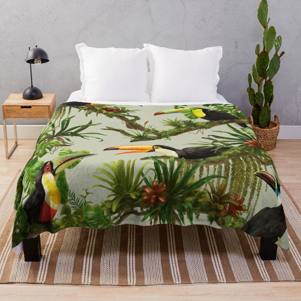 Toucans and bromeliads on a vibrant canvas background plush blanket