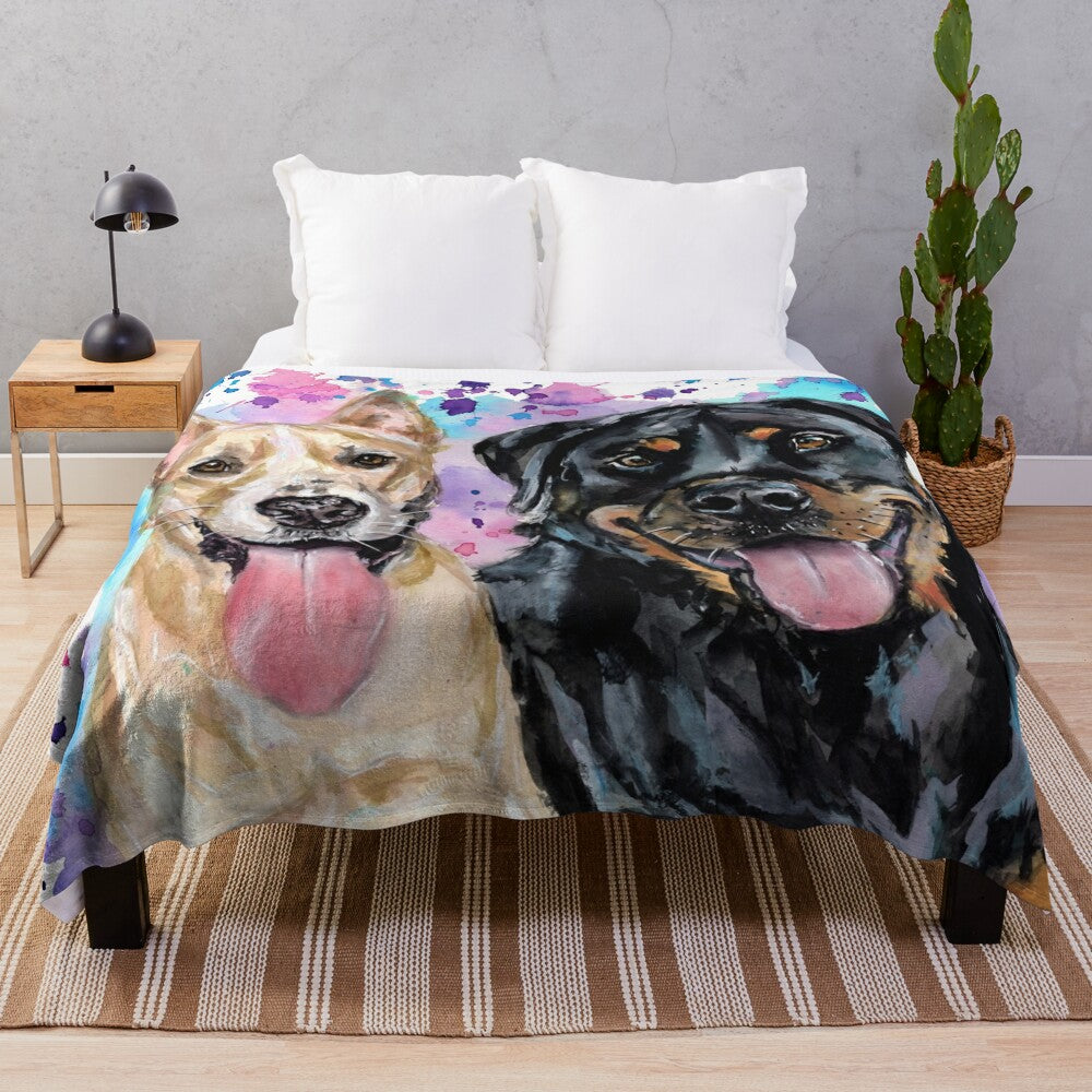 Watercolor illustration of a Rottweiler and Staffy on a plush blanket