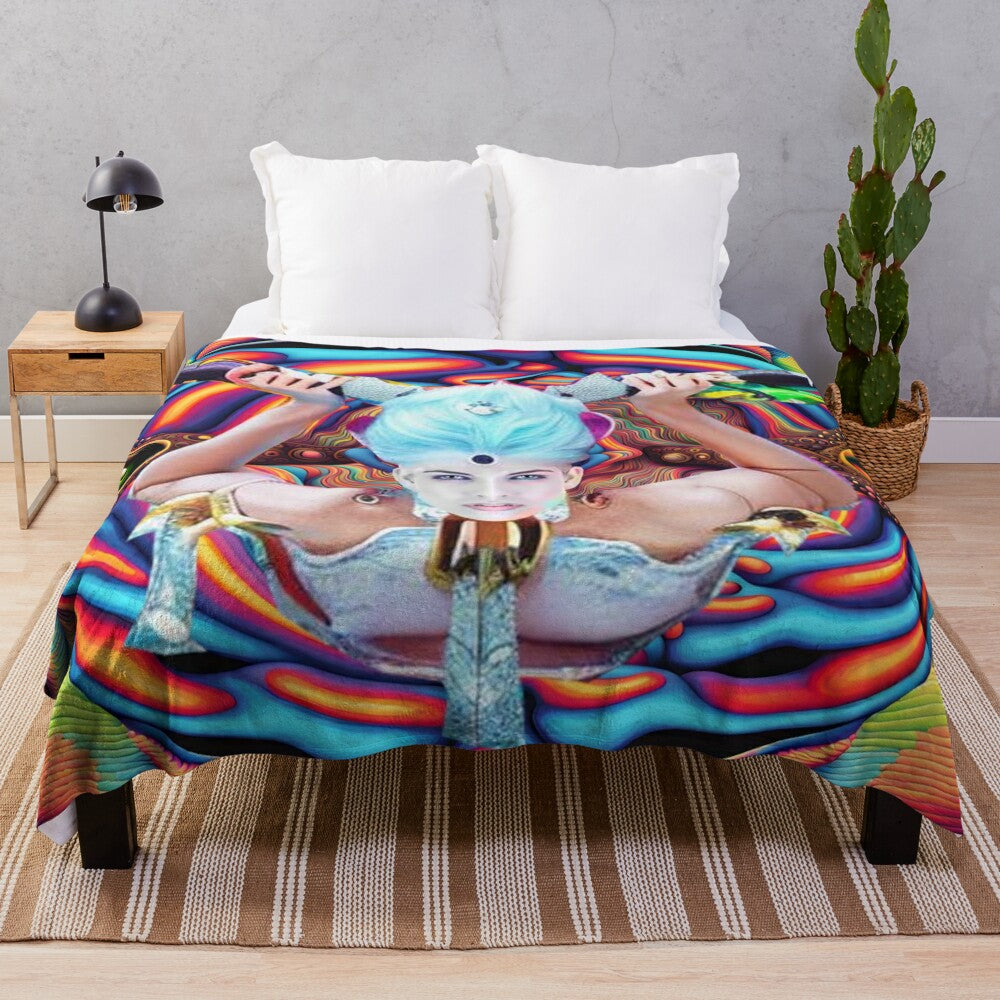 Psychedelic astral plane plush blanket with abstract, cosmic, and surreal design